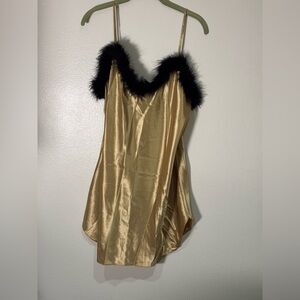 Gold Marabou Trim Satin Chemise - Women Intimates